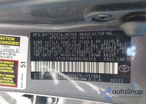 2024 Toyota Camry Le из США, поврежденный, VIN 4T1C11AK8RU192379